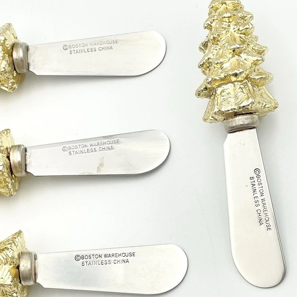 Vintage‎ 1990s Boston Warehouse Gold Christmas Tree Cheese Spreaders Set of 4